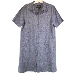 Tahari 100% Linen Blue Chambray Button Down Collared Shirtdress Sz S